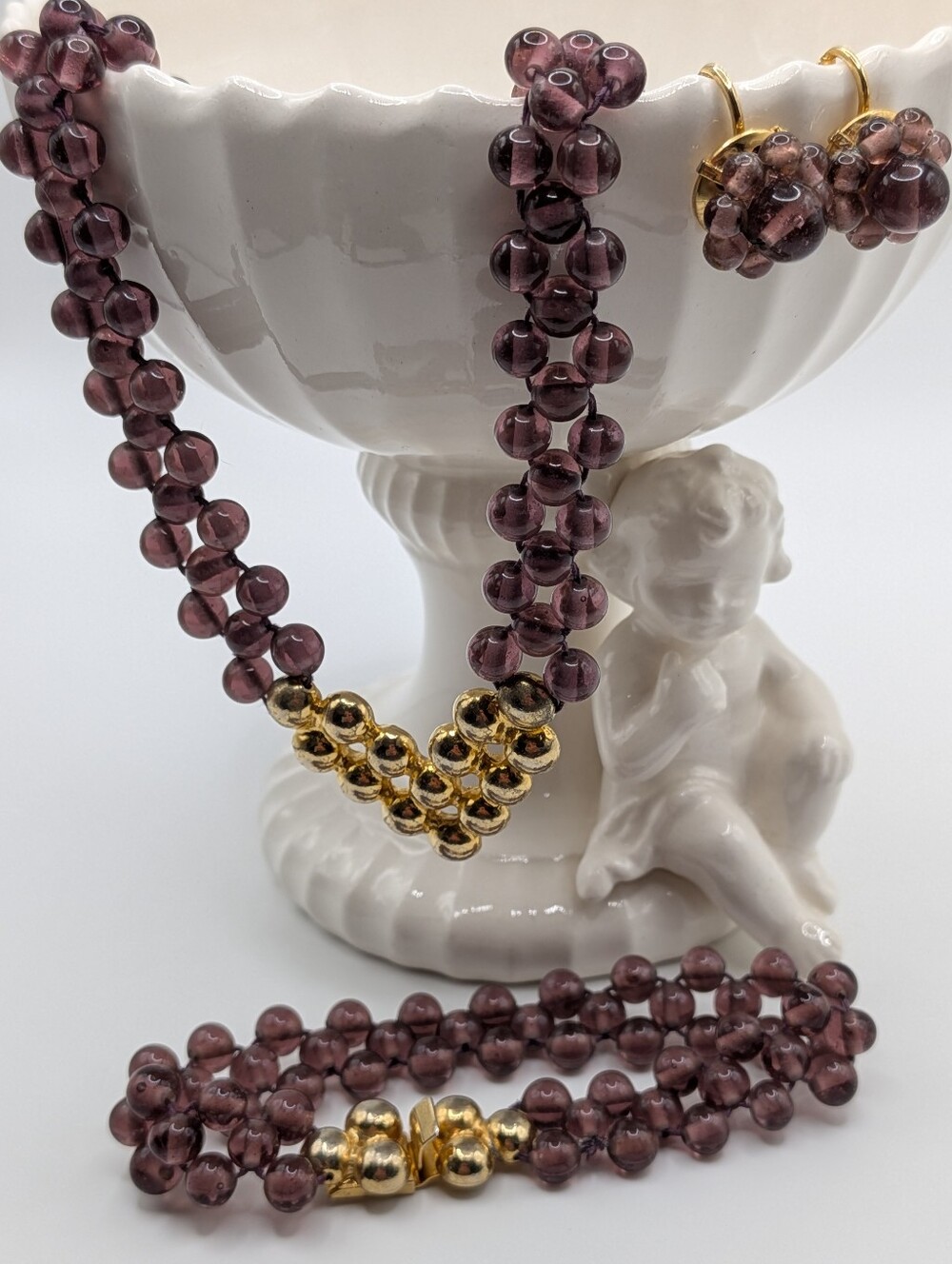 Vintage Carol Dauplaise Signed Purple Beaded 3-Piece Demi-Parure Set